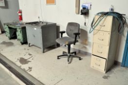 Lot- Desk, 4-Drawer Legal Size File Cabinet, 2-Door Shop Cabinet and Swivel Office Chair