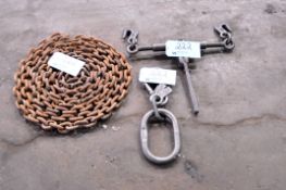 Lot - Chain Binder, Lifting Hook and (3) 2-Hook Tow Chains