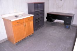 Lot - Desk, Bookcase, 2-Door Cabinet and Plastic Shelving Unit (Located Upstairs)