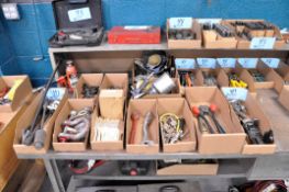 Lot - Various Hand Tools in (11) Boxes, Including: Bottle Jack, Pry Bars, Eye Bolts, Clevises, Etc.