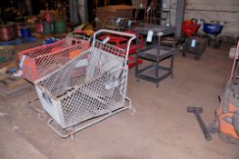Lot - (2) 4-Wheel Shop Carts, (1) Portable Steel Bin, (1) Flat Deck Wagon and (2) Shopping Carts