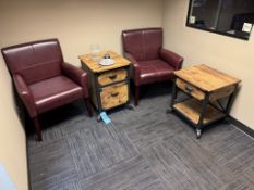Lot - (2) Red Leather Chairs with (2) Wood End Tables in Vestibule