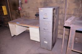 Lot - (2) Desks, (2) Shipping Desks, (1) Wood Stand and (1) 4-Drawer File Cabinet