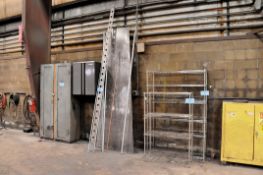 Lot - (2) Wire Racks and (1) Wood 2-Door Storage Cabinet with Various Steel Against Wall