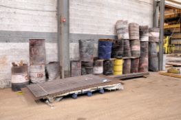 Lot - Steel Mesh, Flat Bar Stock, Tube Stock and Channel with Empty Steel Barrels Along Wall