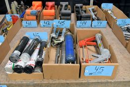Lot - Hand Oil Pump, Caulk Guns, Grease Guns and Grease in (3) Boxes