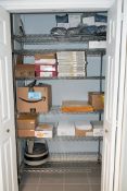 Lot - Folders, Envelopes, Sheet Protectors, Labels and Copy Paper in (1) Closet with (2) Wire Racks