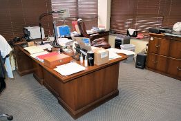 Lot - Desk, Credenza, Round Table, (2) Bookcases and (5) Chairs in (1) Room