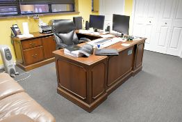 Lot - U-Shaped Desk, Credenza, 4-Drawer Cabinet, Miniature Refrigerator, Microwave, Etc