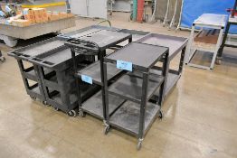 Lot - (6) Plastic 4-Wheel Shop Carts, (1) Steel 4-Wheel Shop Cart and (1) flat Bed Cart