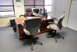 Lot - L-Shaped Desk, Credenza, Bookcase and (3) Swivel Office Chairs in (1) Room
