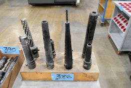 Lot - (8) 45 Taper End Mill Holders with Wood Stand, Quick Switch 400 Style for Tarus Duplicators