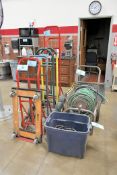 Lot - (5) 2-Wheel Hand Carts, (1) 4-Wheel Dolly and (1) Portable Garden Hose Reel with Garden Hose