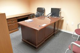 Lot - (2) Desks, (1) Credenza, (1) Bookcase and (5) Chairs with HP PC