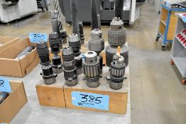 Lot -(8) Various 45 Taper Drill Chucks with Wood Stand, Quick Switch 400 Style for Tarus Duplicators
