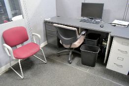 3-Station Cubicle Partition Work System with (5) Desks, (2) 2-Door Supply Cabinets, Etc.