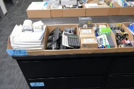 Lot - Office Supplies in Boxes on Cabinets and Tables