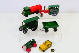 Tri-ang - Minic - A group of unboxed vehicles, traction engine with trailer, tanker truck,