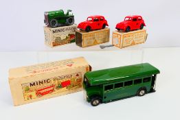 Tri-ang - Minic - 4 x boxed clockwork vehicles, a single deck Greenline Bus, a tracked tractor,