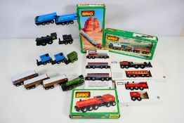 Brio - A collection of Brio wooden locomotives, a boxed Santa Fe set, a boxed Canadian Pacific set,