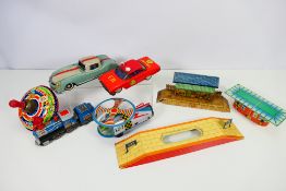 Chad Valley - Hornby - Other - A group of vintage tinplate items including 2 x railway stations,