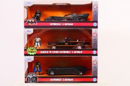 Batman - Jada - 3 x boxed Batmobiles with Batman figures in 1/32 scale.