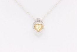 Heart Shape & Cut Natural Fancy Yellow Diamond Pendant & Chain set in 18k White & Yellow Gold