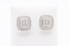 Round Brilliant Cut Cluster Cushion Shape Natural Diamond Earrings 2.00 Carat Set in 18k White Gold