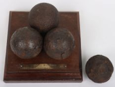 Four Small Cannon Shot Balls Mounted on Wooden Plinth, Battlefield Finds