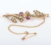 19th century 9ct gold, ruby and seed pearl brooch, 1.97g, 4cm