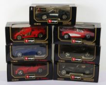 Seven Boxed Burago Die Cast Cars 1/18 Scale Models.