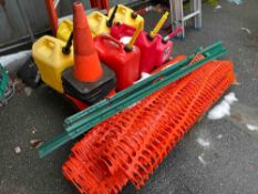 Lot of assorted safety and fuel equipment, including (7) plastic gas cans, (7) safety cones,