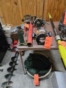 Lot of assorted to include 6 ton Hydraulic jack, level, fence post pounder, router and