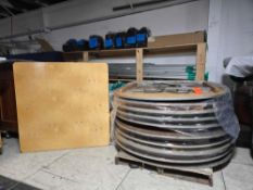 Lot of (12) assorted (10) 60 inch round wood folding tables with metal edge, (2) 4 foot X 4 foot