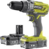 RRP £78.99 - RYOBI 18 V ONE plus Cordless Combi Drill Starter Kit, Hyper Green, With 2 x 1.5 Ah Bat