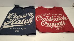 40 X BRAND NEW CROSSHATCH T-SHIRTS IN BLACK, GREY, BLACK, BLUE, WHITE AND RED IN SIZES, S, M, XL, (