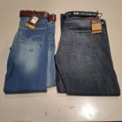 20 X BRAND NEW CROSSHATCH DENIM JEANS WITH BELTS IN BLUE / NAVY BLUE IN SIZES 32, 34, 36, 38, 40,