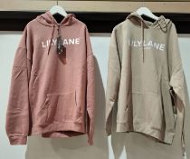 20 X BRAND NEW LILYLANE LONDON HOODIES CONTAINING, 15 X IN PINK IN SIZES S, M, L, 5 X IN STONE IN