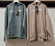 20 X BRAND NEW LILYLANE LONDON HOODIES 17 X IN COLOUR SAGE IN SIZE MEDIUM AND SMALL , 3 X IN
