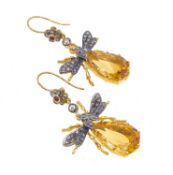 A pair of citrine, diamond and ruby insect ear pendants,