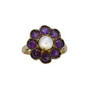 A cultured pearl and amethyst cluster ring,