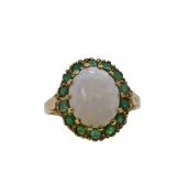 A 9ct gold opal and emerald cluster ring,