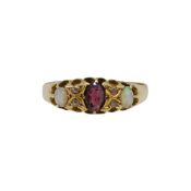 An 18t gold garnet, opal and diamond ring,
