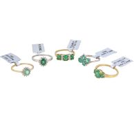 Five 9ct gold emerald Gemporia rings,