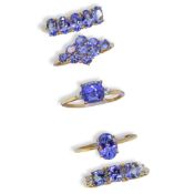Five 9ct gold tanzanite Gemporia rings,