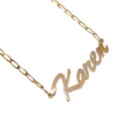 A 9ct gold 'Karen' name plate necklace,