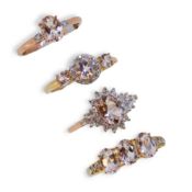Four 9ct gold morganite Gemporia rings, together with a pair of ear studs,