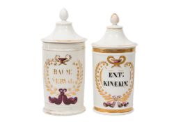 TWO FRENCH PORCELAIN APOTHECARY JARS, LATE 19TH/EARLY 20TH CENTURY