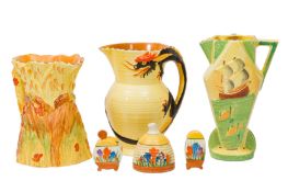 A COLLECTION OF THREE CLARICE CLIFF CROCUS PATTERN ITEMS AND THREE BURLEIGH WARE JUGS, CIRCA 1930s-1