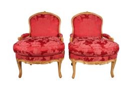 A PAIR OF LOUIS XVI STYLE UPHOLSTERED ARMCHAIRS, LATE 20TH CENTURY